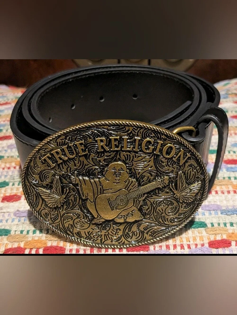 NWOT True Religion Buddha Guitar Brass Oval Buckle Black Belt 33